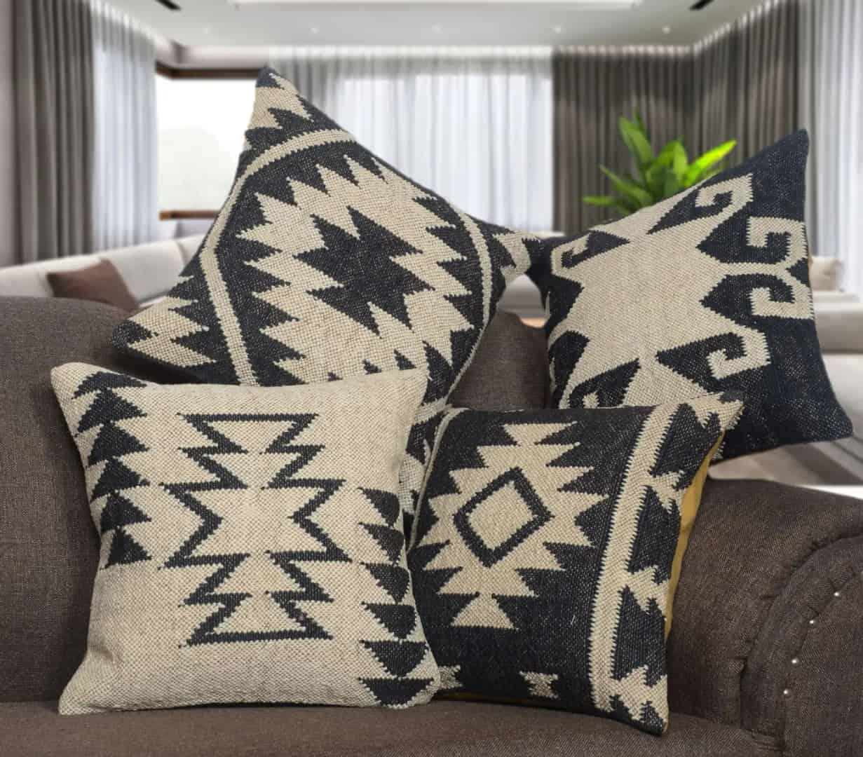 Set of 4 Vintage Kilim Black and White Wool Jute Pillow Covers - Image 2