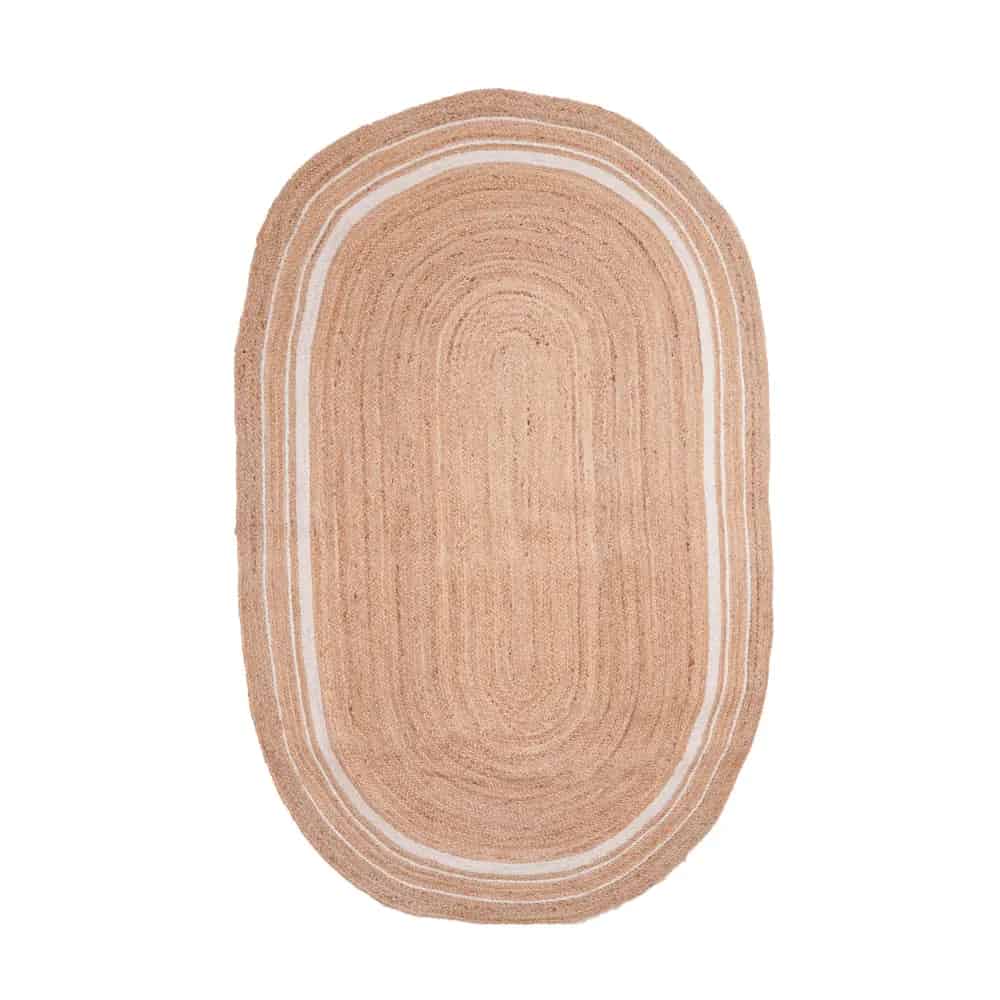 Hand Braided Natural Jute Oval Rug with White Triple Line Border - Image 1
