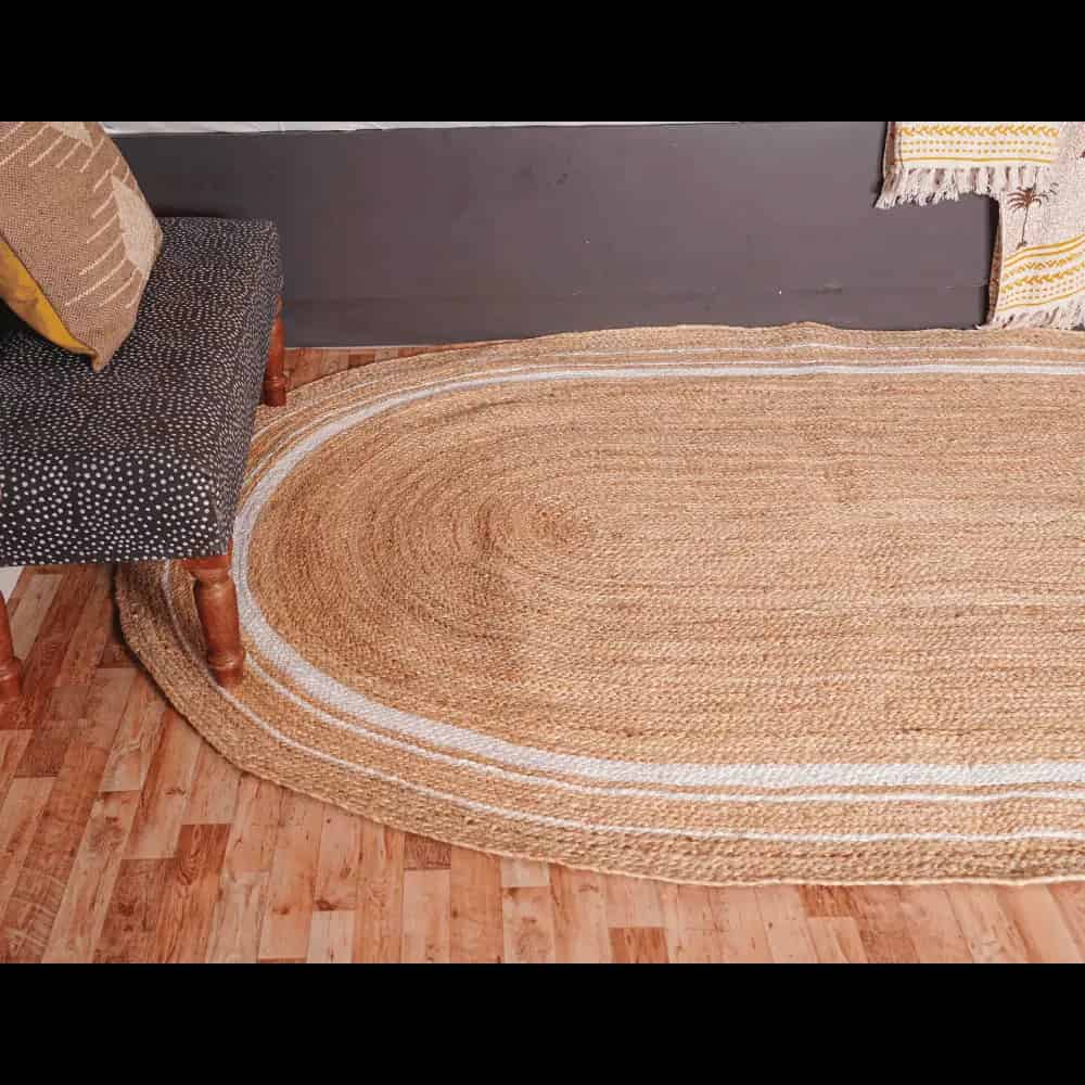 Hand Braided Natural Jute Oval Rug with White Triple Line Border - Image 4
