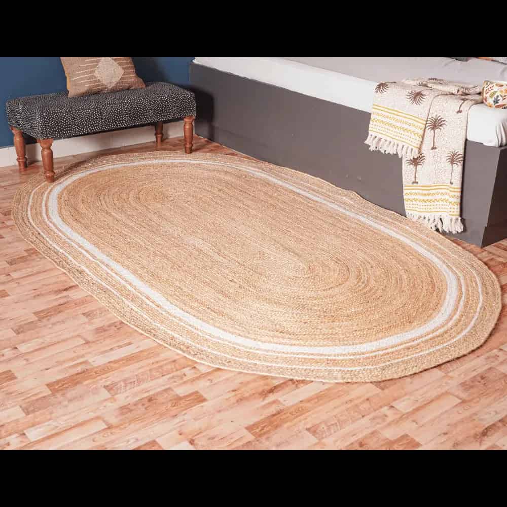 Hand Braided Natural Jute Oval Rug with White Triple Line Border - Image 2