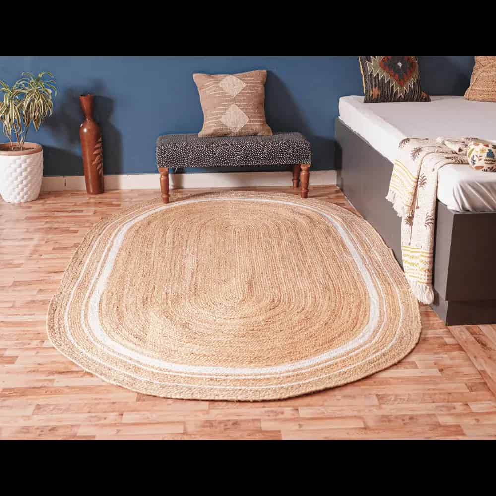 Hand Braided Natural Jute Oval Rug with White Triple Line Border - Image 3