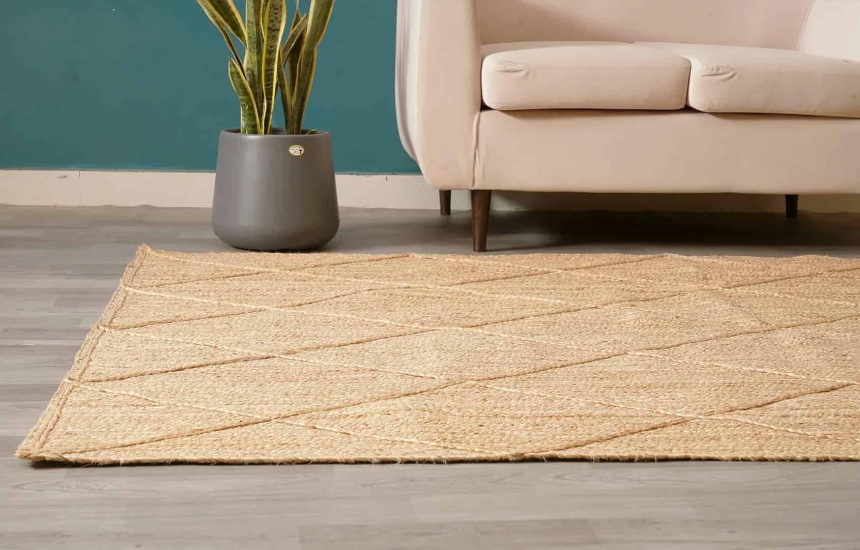 Handmade Braided Natural Jute Rug with Beige Diamond Pattern  - Image 5