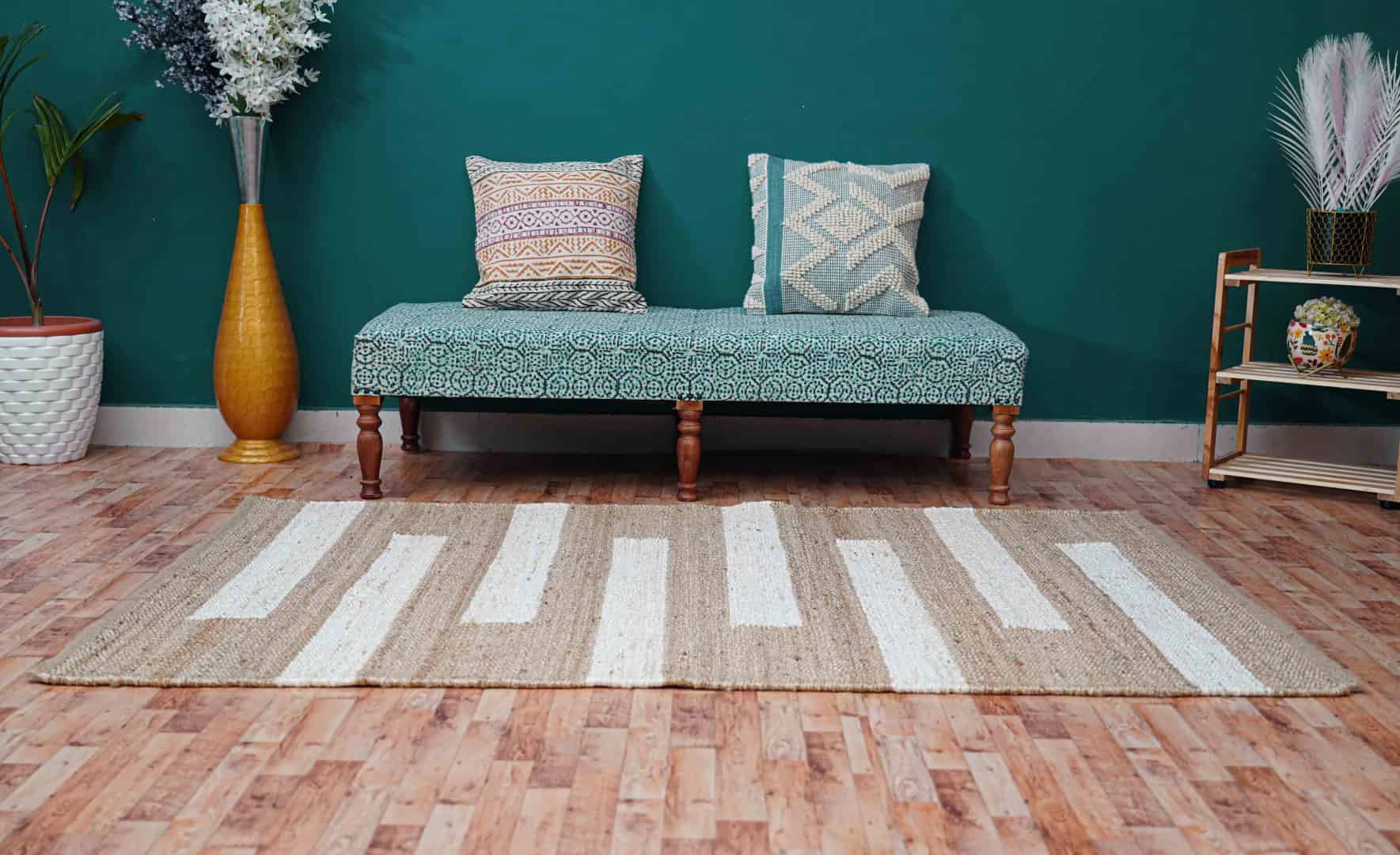 Beige with Off White Stripes Hand Loomed Hemp Jute Rug - Image 3