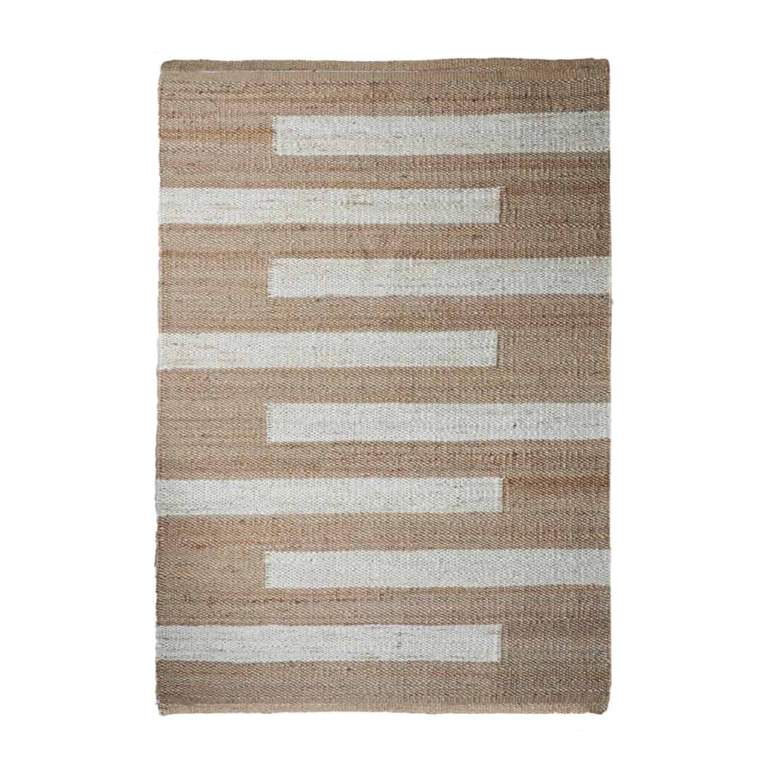 Beige with Off White Stripes Hand Loomed Hemp Jute Rug - Image 1
