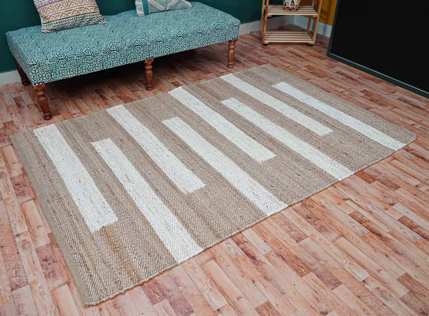 Beige with Off White Stripes Hand Loomed Hemp Jute Rug - Image 2