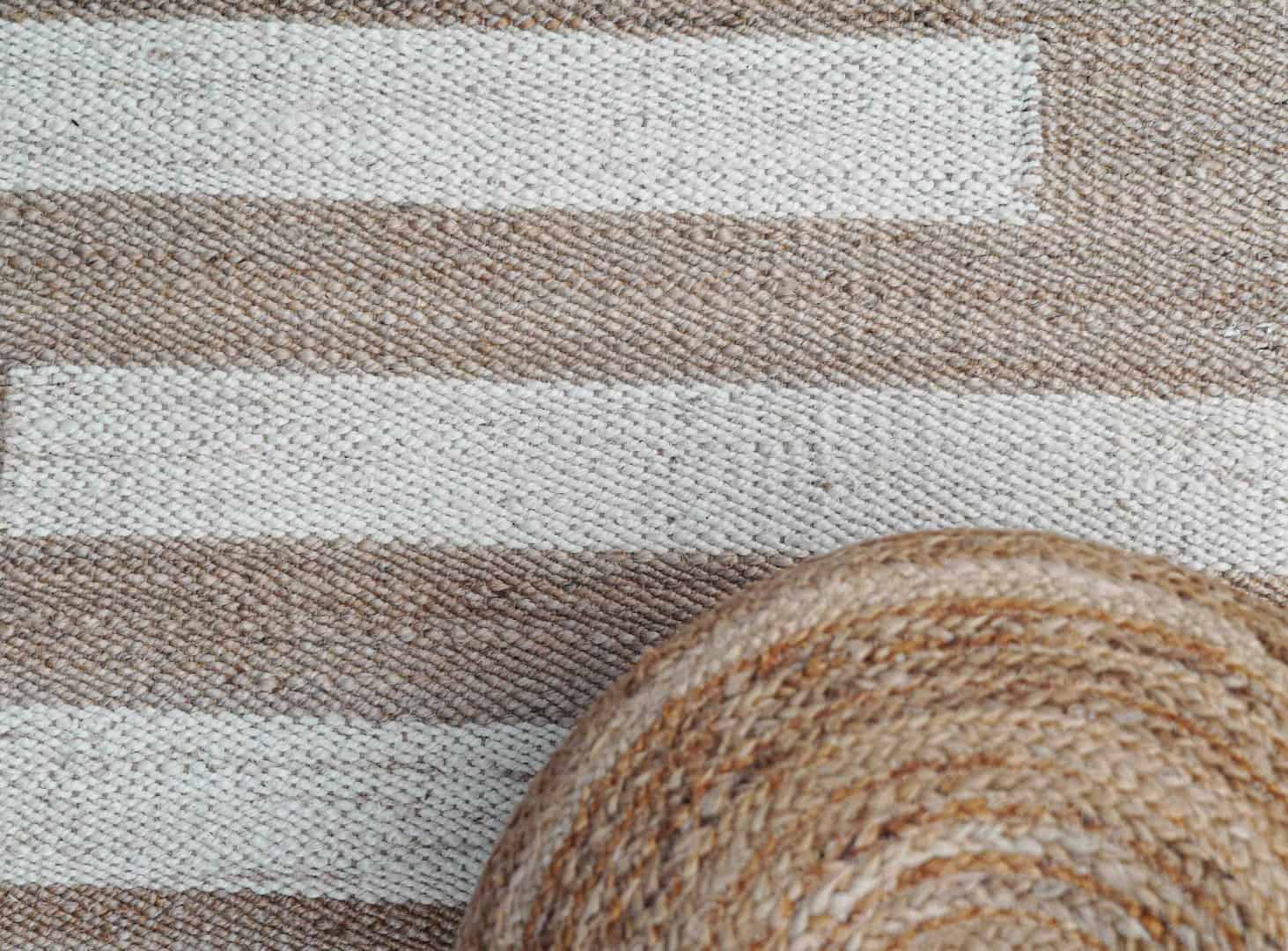 Beige with Off White Stripes Hand Loomed Hemp Jute Rug - Image 7