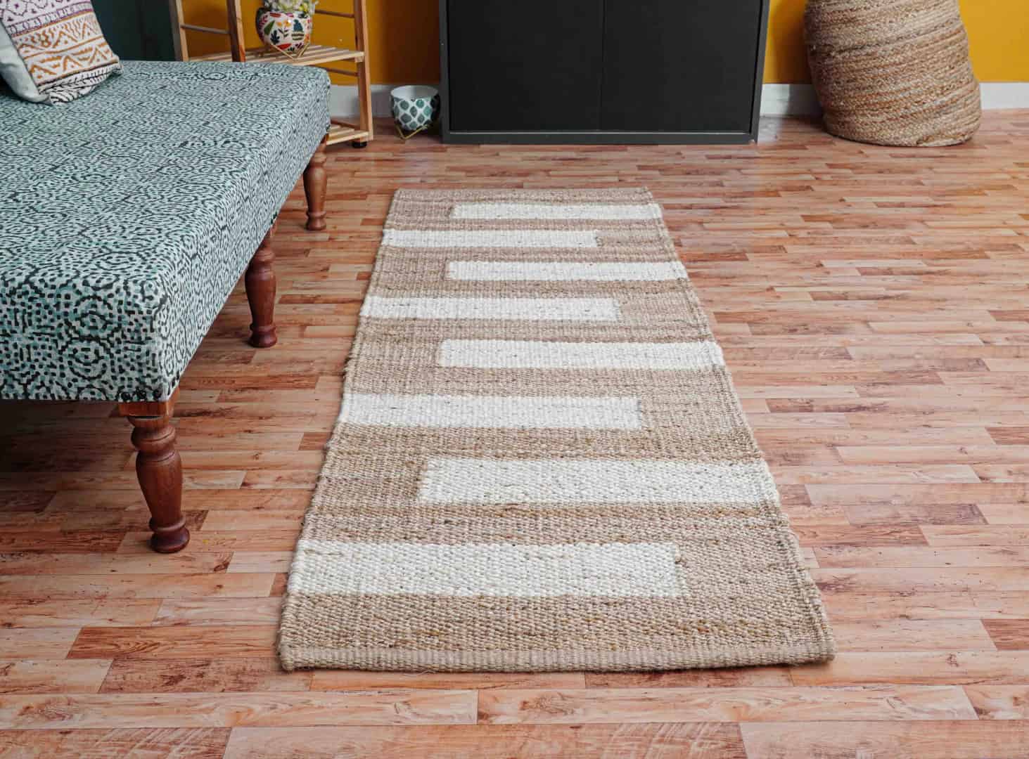 Indian Handwoven Natural Jute Hemp Runner with Off White Stripes - Image 2