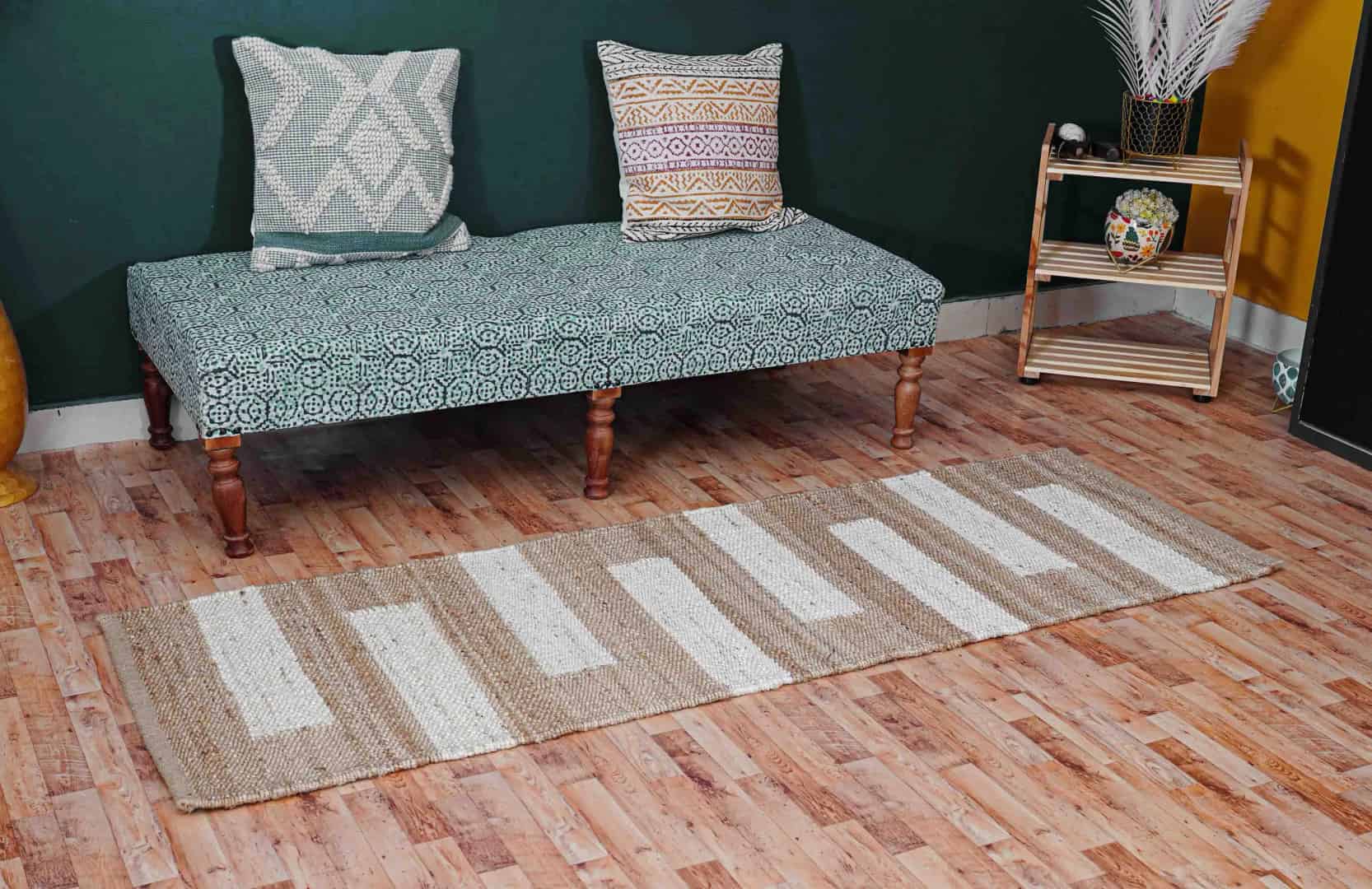 Indian Handwoven Natural Jute Hemp Runner with Off White Stripes - Image 3