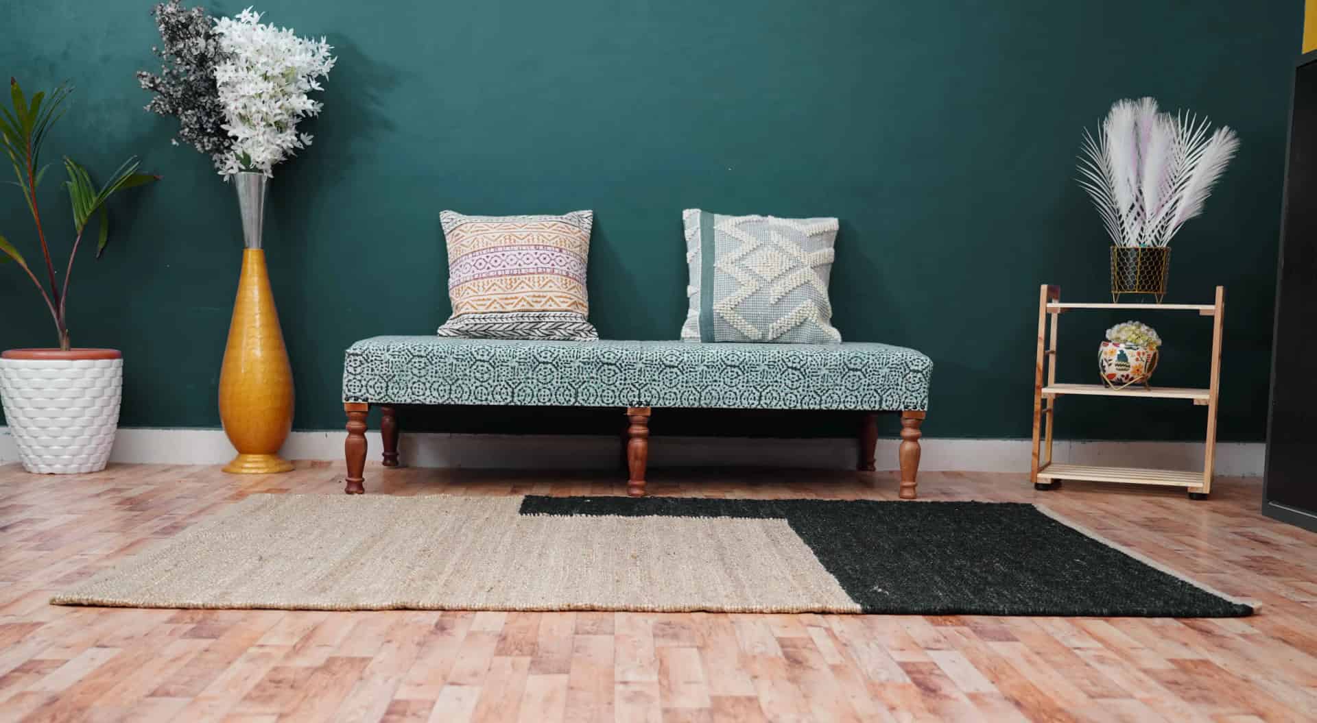 Indian Hand Loomed Natural Jute Hemp rug with Black Design - Image 6