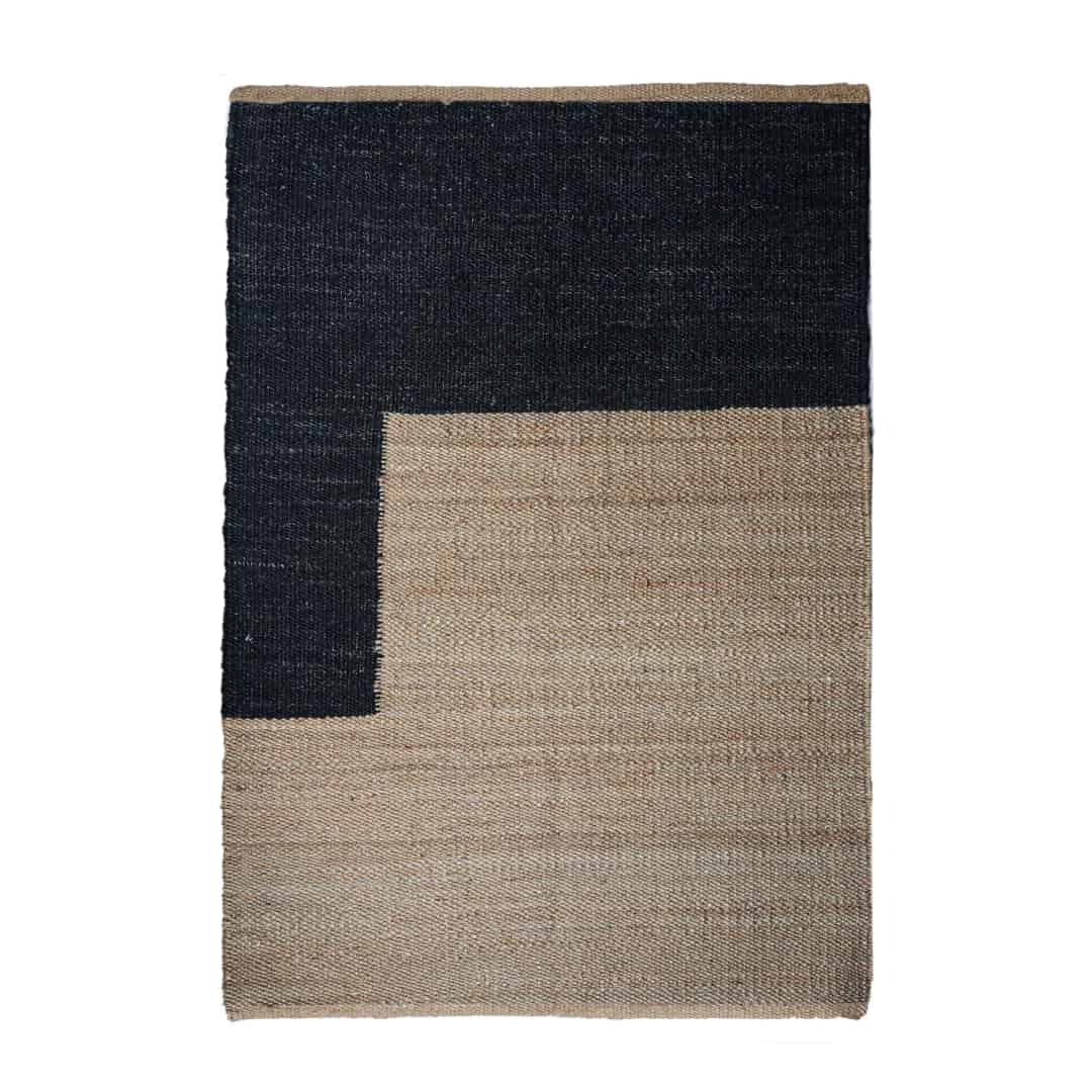 Indian Hand Loomed Natural Jute Hemp rug with Black Design - Image 1