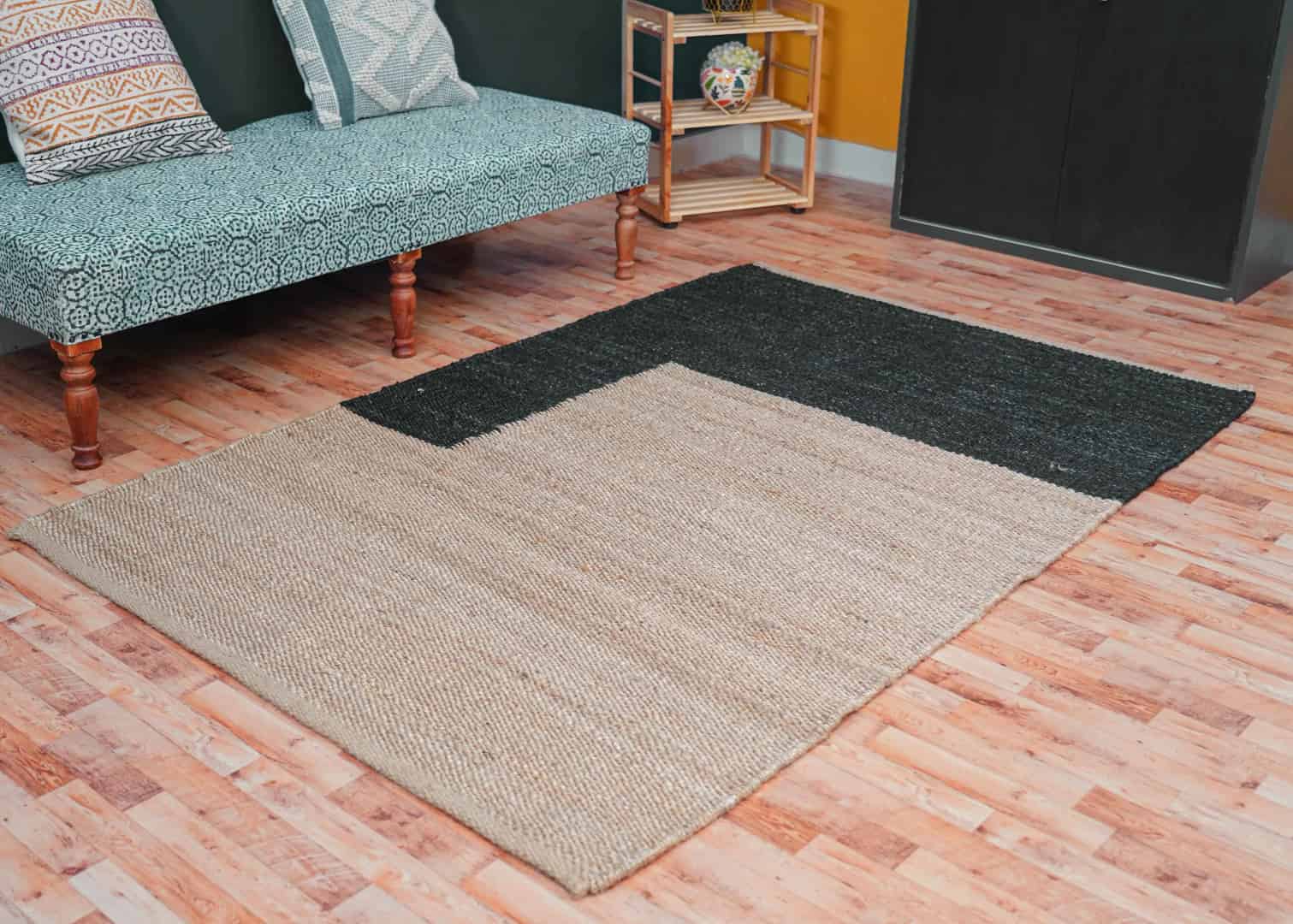 Indian Hand Loomed Natural Jute Hemp rug with Black Design - Image 2