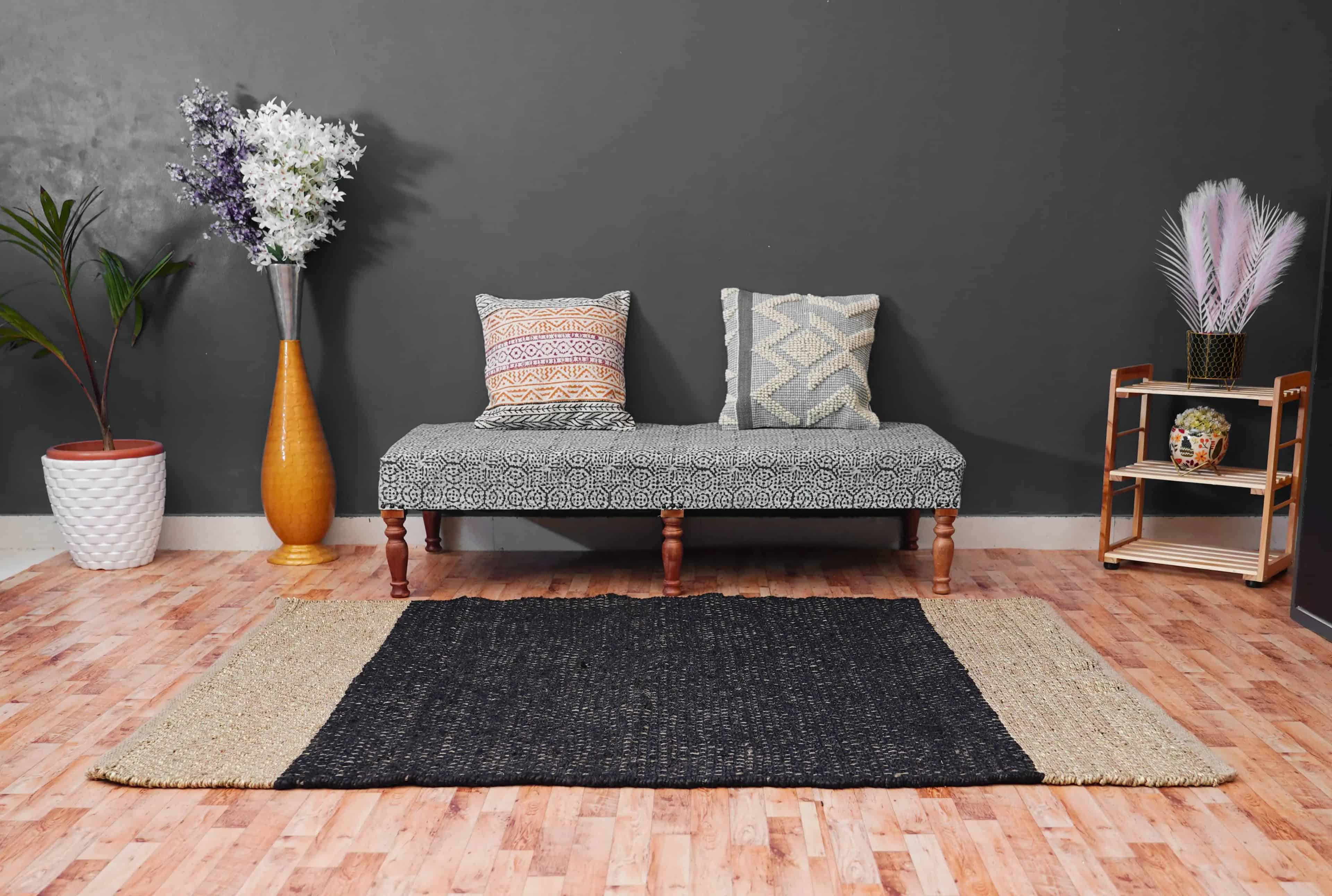 Custom Size Handwoven Black and Beige Jute Hemp Rug - Image 3