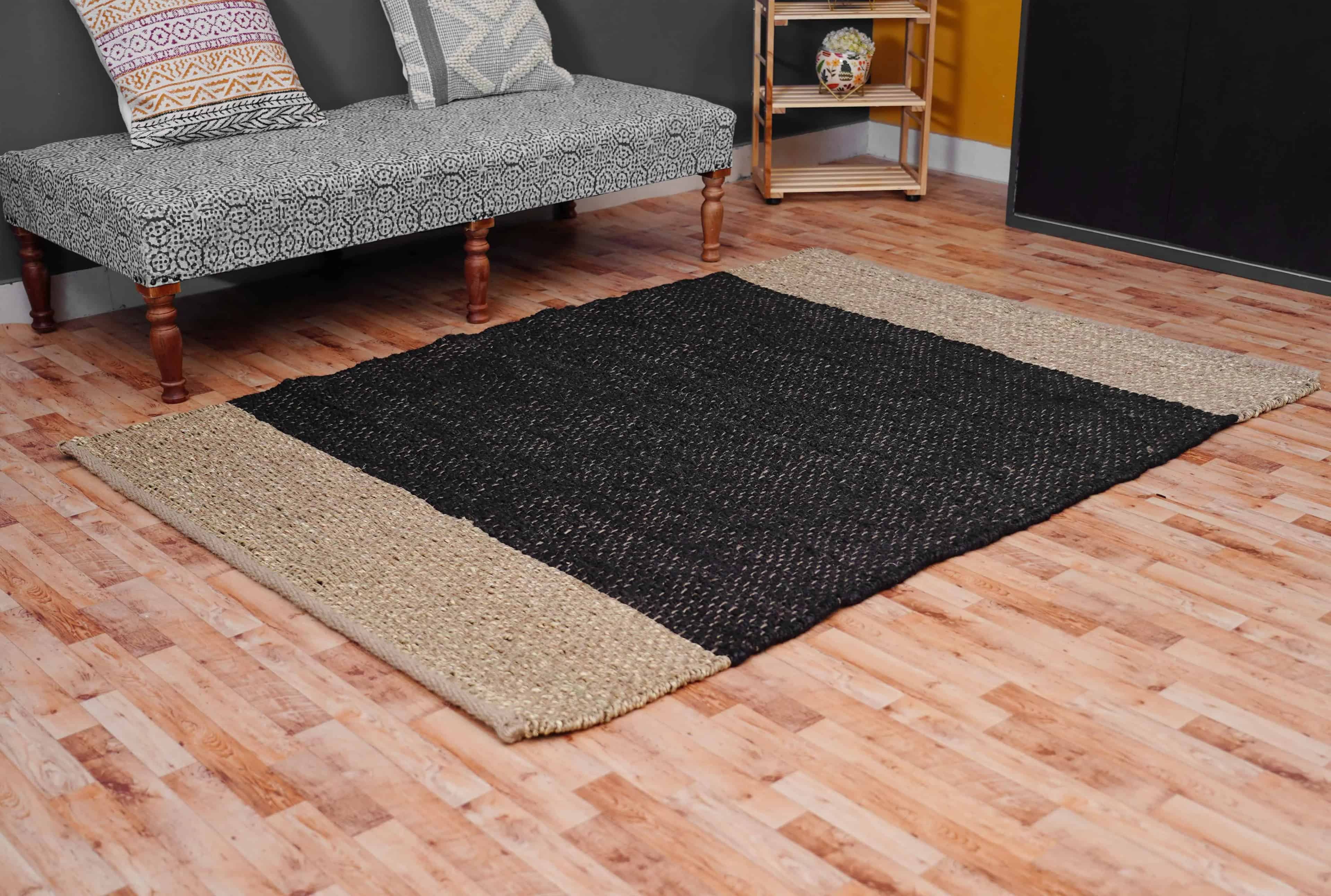 Custom Size Handwoven Black and Beige Jute Hemp Rug - Image 2