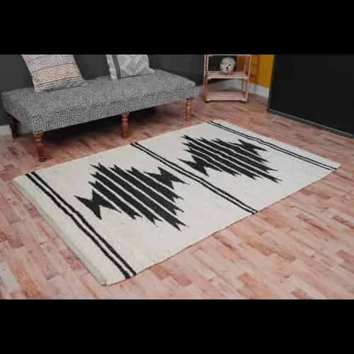 Off White and Black Hand Loomed Jute Hemp Rug - Image 4