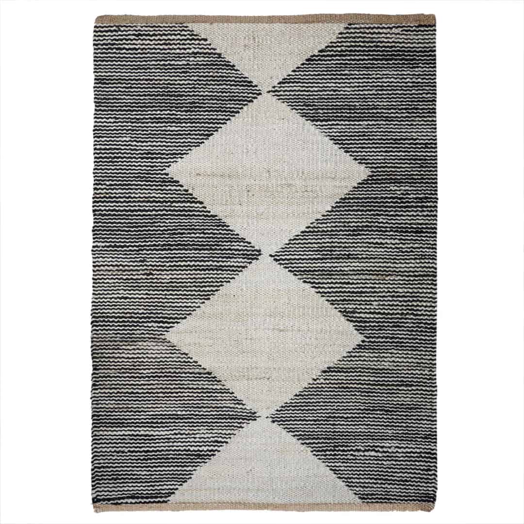 Black and Off White Handwoven Jute Hemp Rug - Image 1