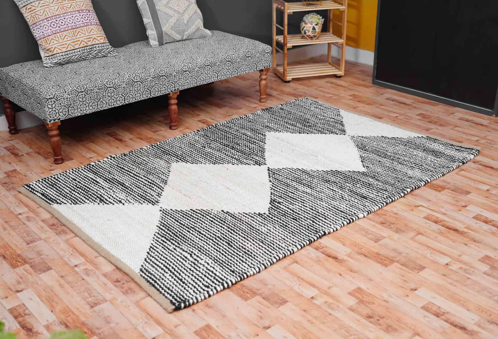 Black and Off White Handwoven Jute Hemp Rug - Image 2
