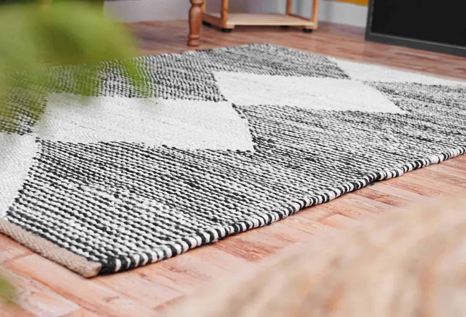 Black and Off White Handwoven Jute Hemp Rug - Image 3