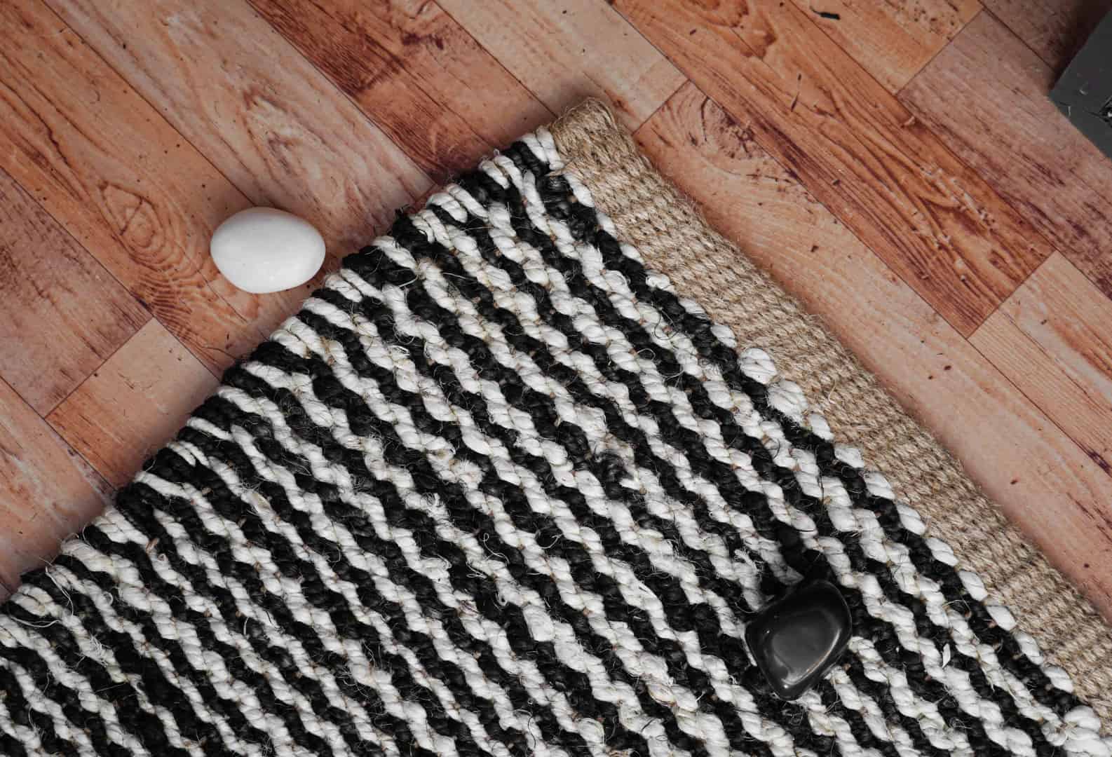 Black and Off White Handwoven Jute Hemp Rug - Image 7