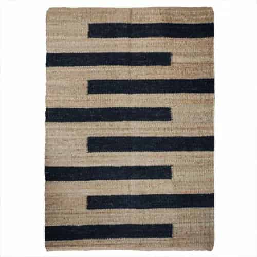 Indian Handwoven Natural Jute Hemp Rug with Black Stripes  - Image 1