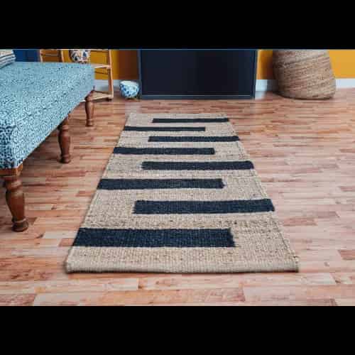 Indian Handwoven Natural Jute Hemp Rug with Black Stripes  - Image 4