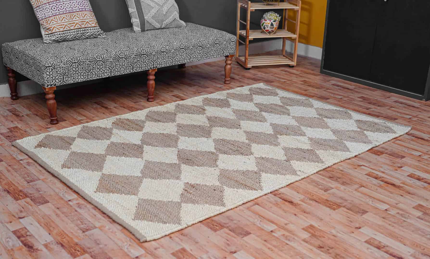 Off White and Beige Handwoven Jute Hemp Rug - Image 3