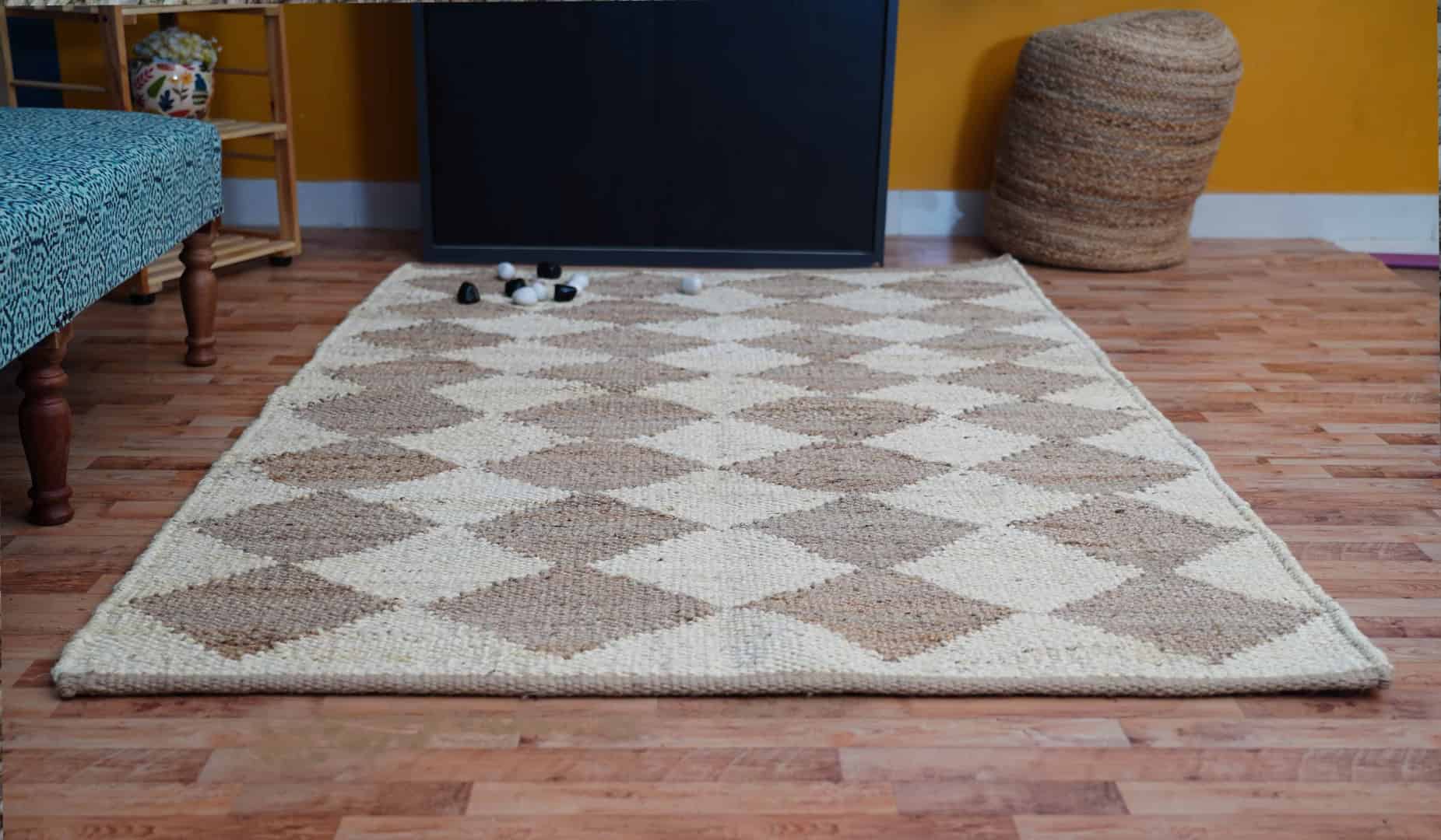 Off White and Beige Handwoven Jute Hemp Rug - Image 2