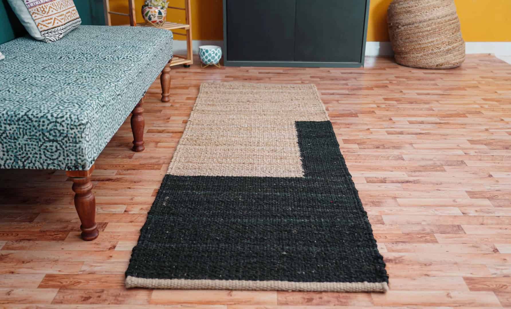Beige with Black Design Handwoven Jute Hemp Runner Rug - Image 2