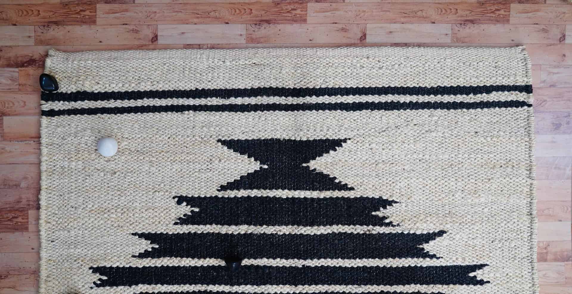 Off White with Black Design Hand Loomed Jute Hemp Runner Rug - Image 3