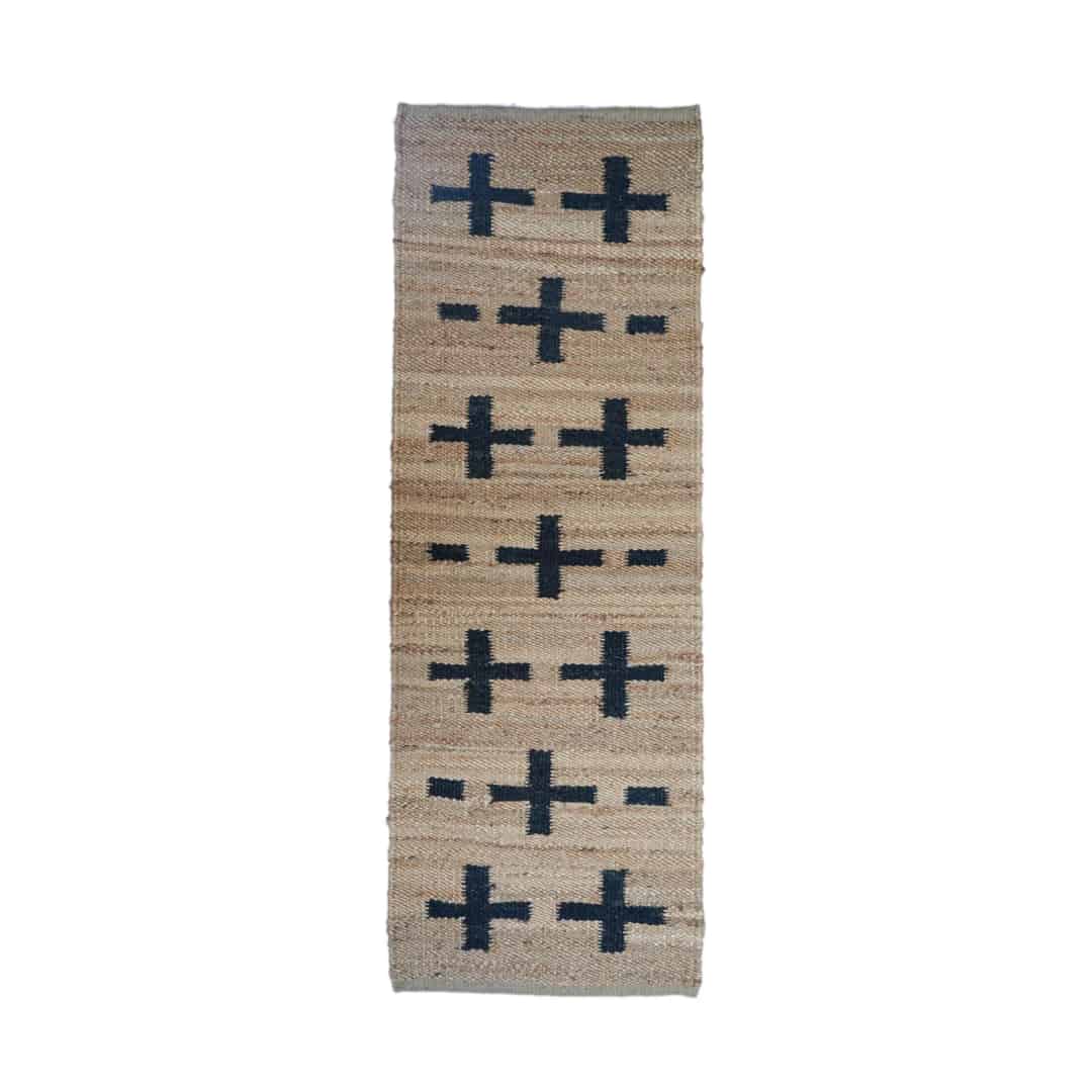 Hand Loomed Natural Jute Hemp Runner Rug with Black Plus Design - Image 1