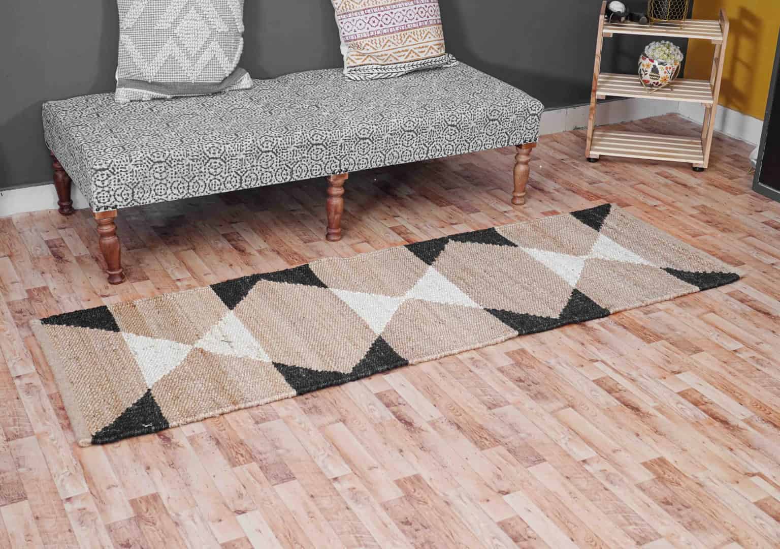 Handwoven Natural Jute Hemp Runner Rug with Black and White Design - Image 3