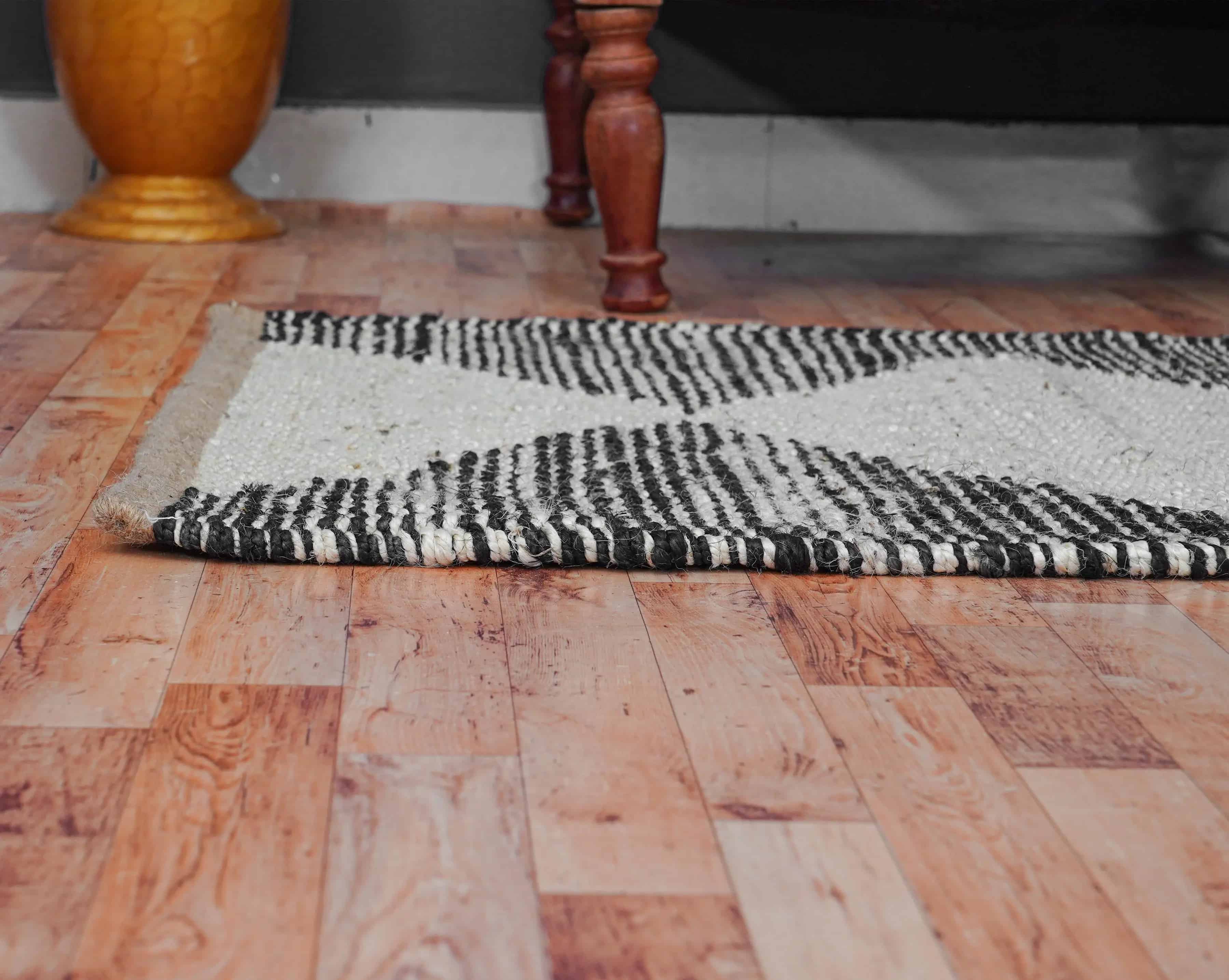 White and Black Handwoven Jute Hemp Runner Rug - Image 2