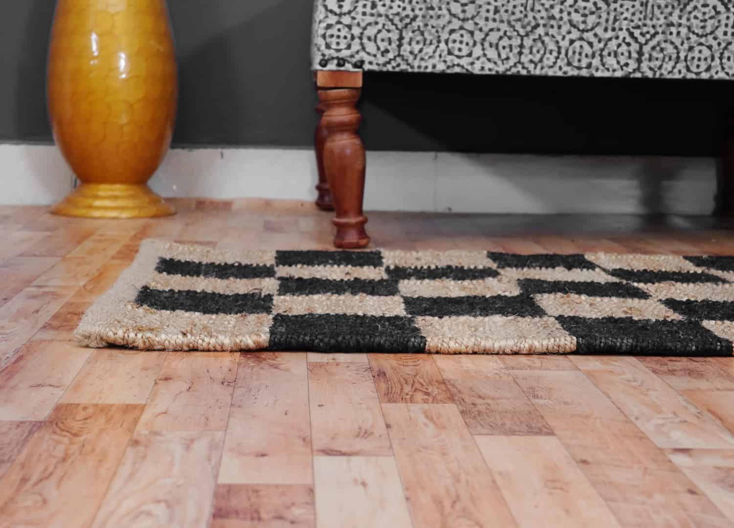 Checkered Handwoven Beige and Black Jute Hemp Runner Rug - Image 4