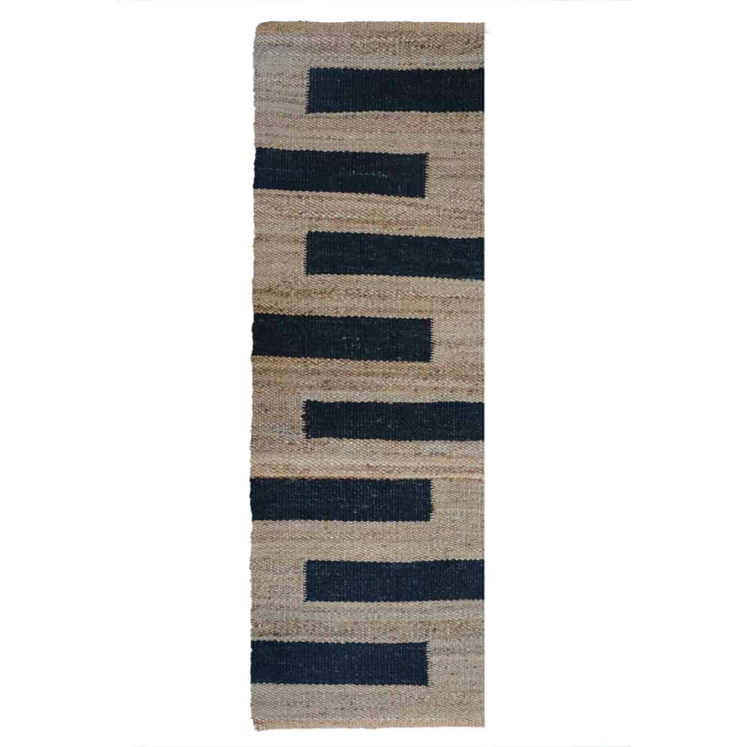 Indian Hand Loomed Natural Jute Hemp Runner Rug with Black Stripes - Image 1