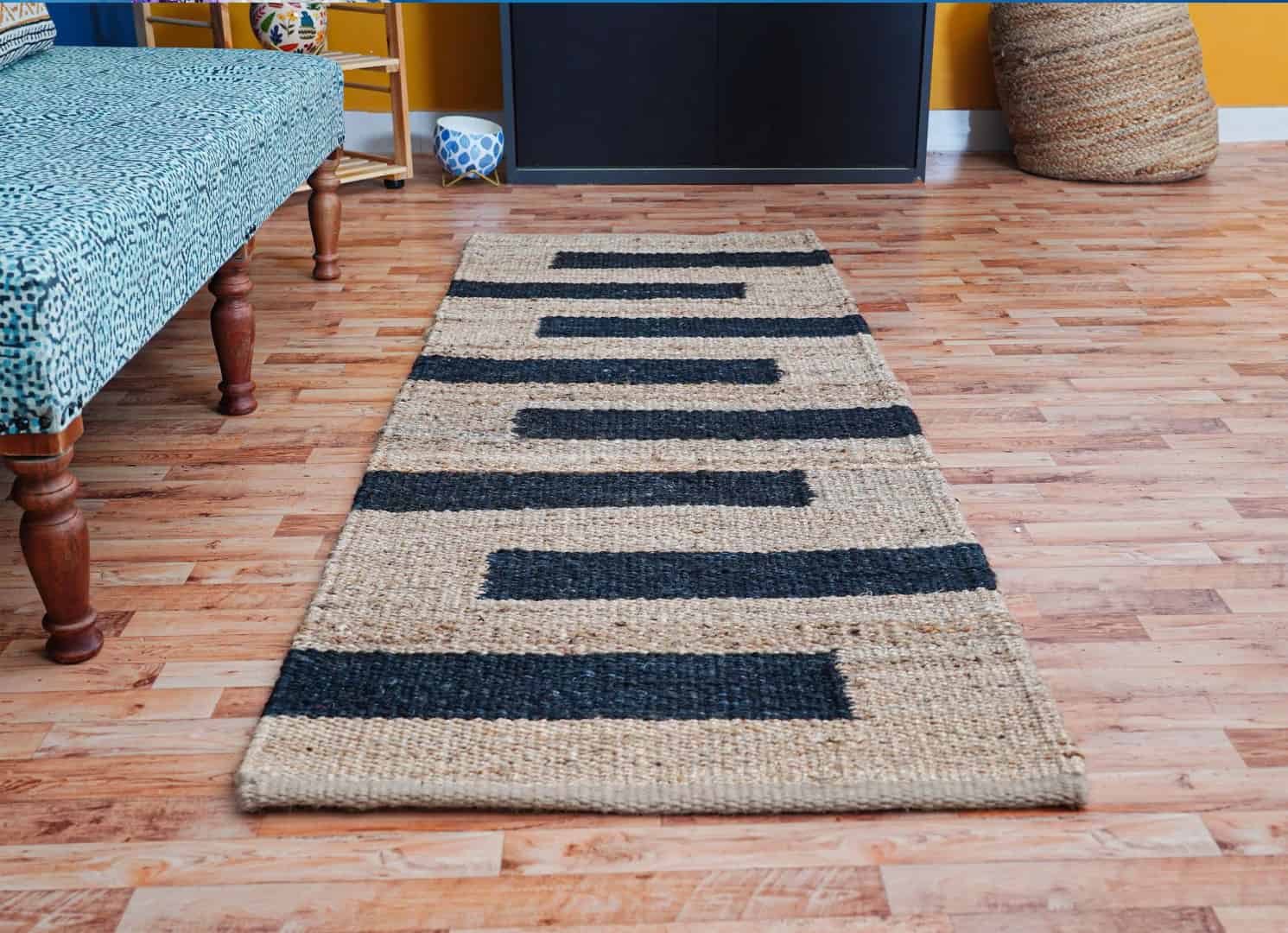 Indian Hand Loomed Natural Jute Hemp Runner Rug with Black Stripes - Image 2
