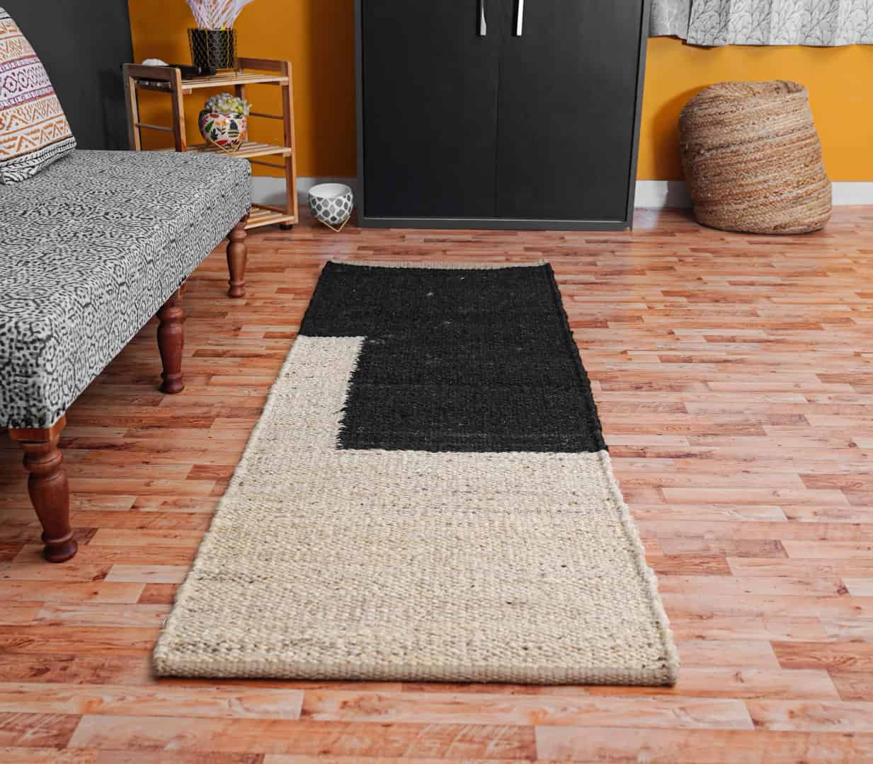 Off White and Black Handwoven Jute Hemp Runner Rug - Image 2