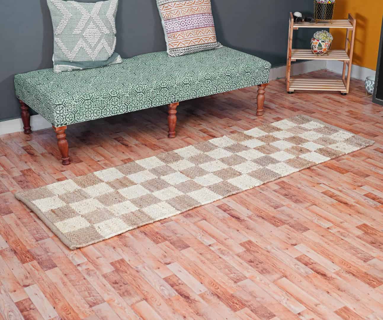 Checkered Handwoven Natural Jute Runner Rug with Off White Design - Image 3