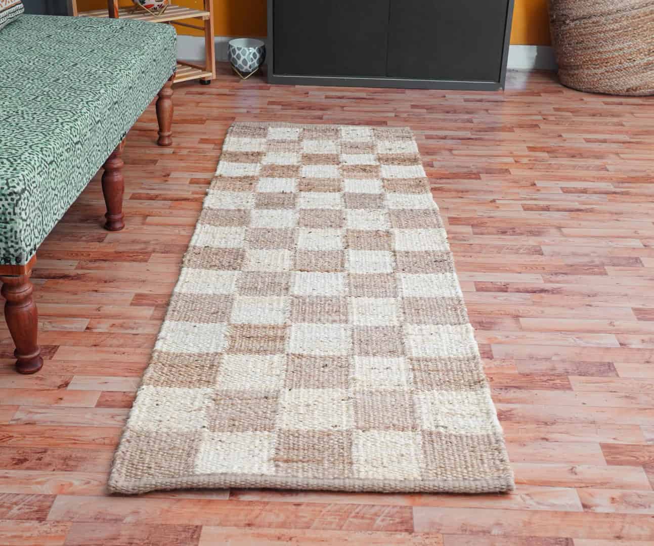 Checkered Handwoven Natural Jute Runner Rug with Off White Design - Image 2