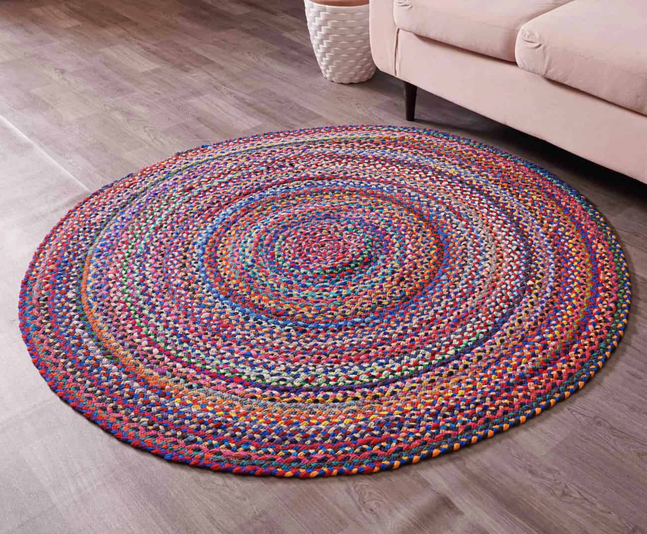 Indian Hand Braided Multicolor Cotton Round Rug - Image 2