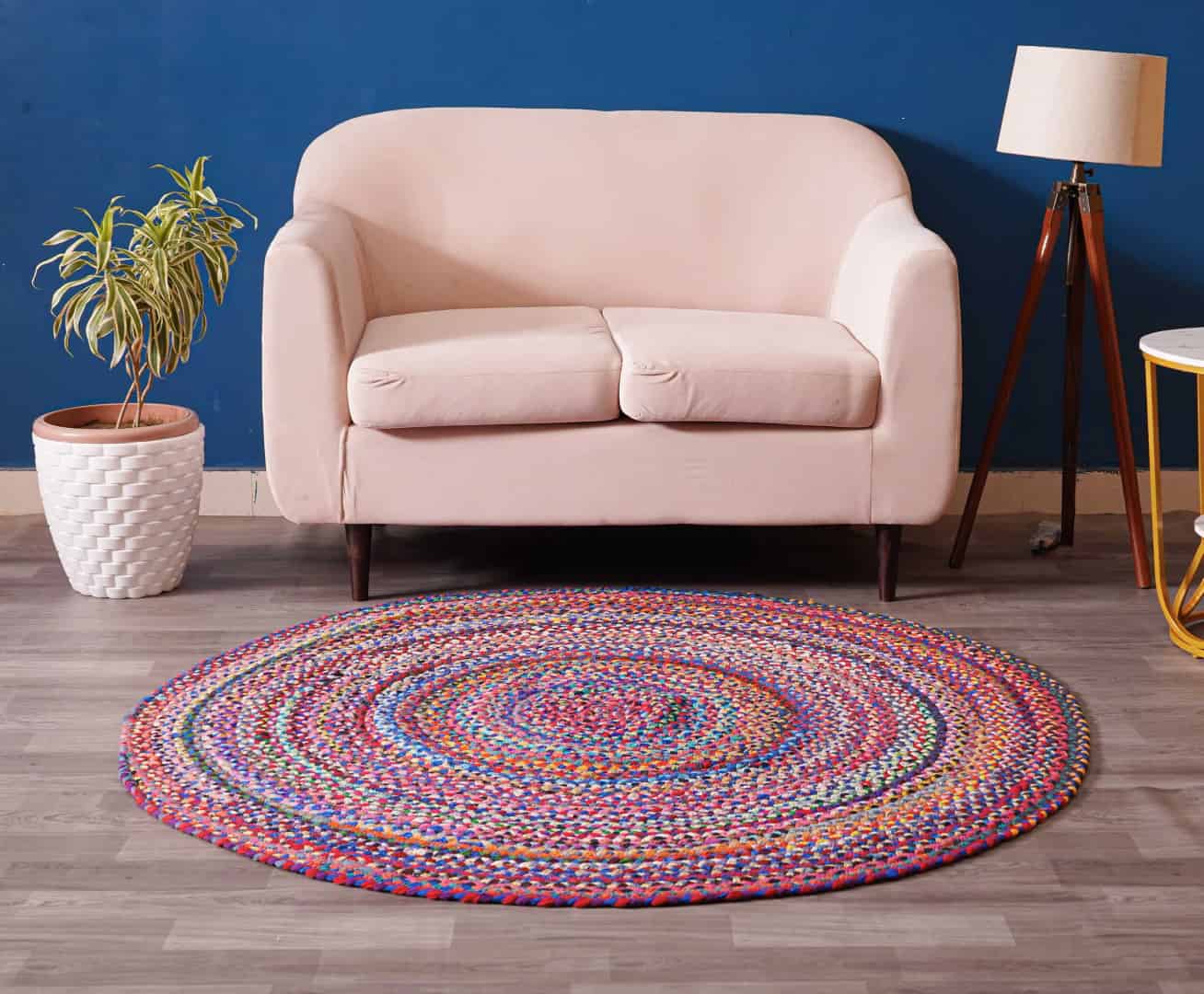 Indian Hand Braided Multicolor Cotton Round Rug - Image 3
