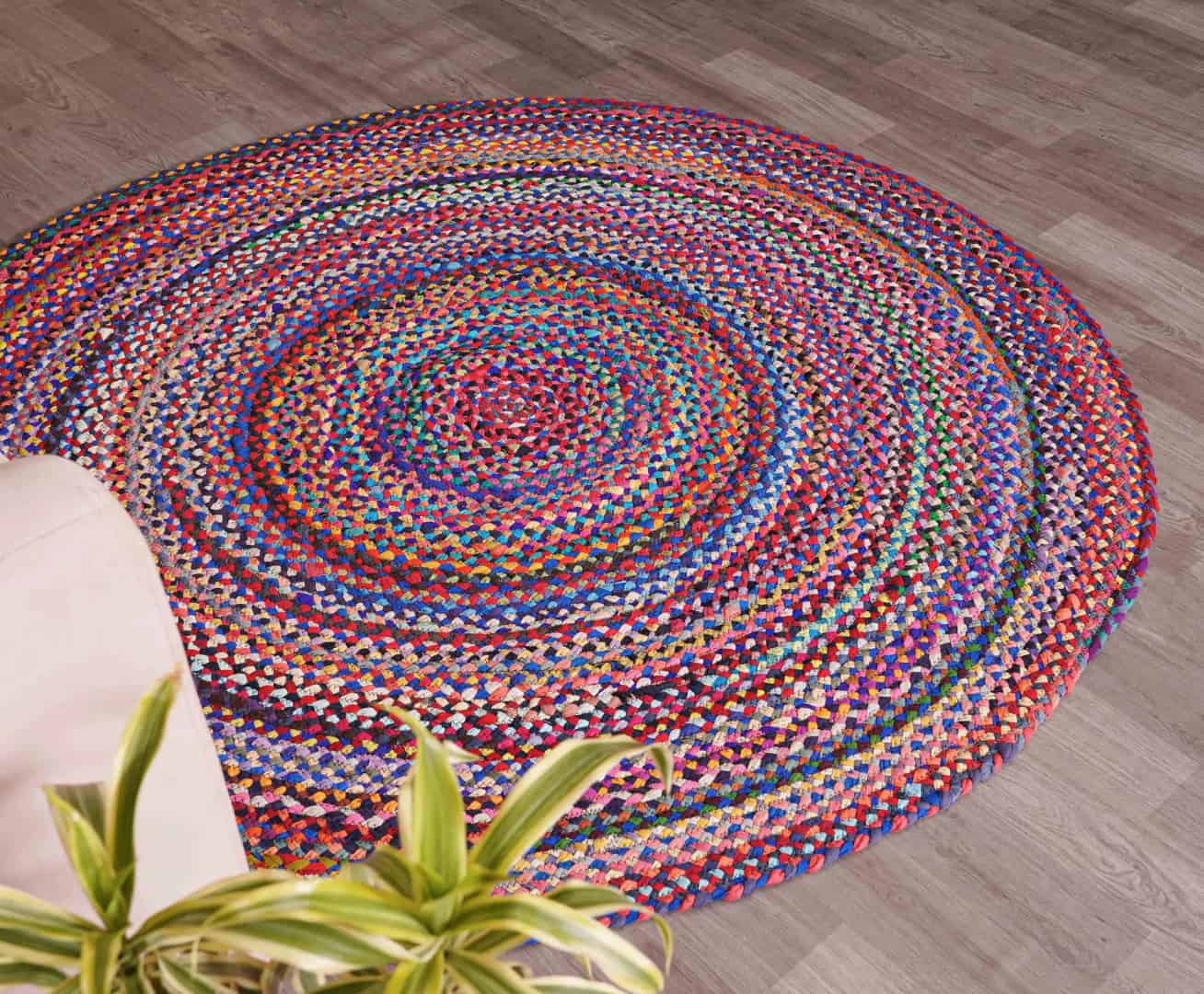 Indian Hand Braided Multicolor Cotton Round Rug - Image 4