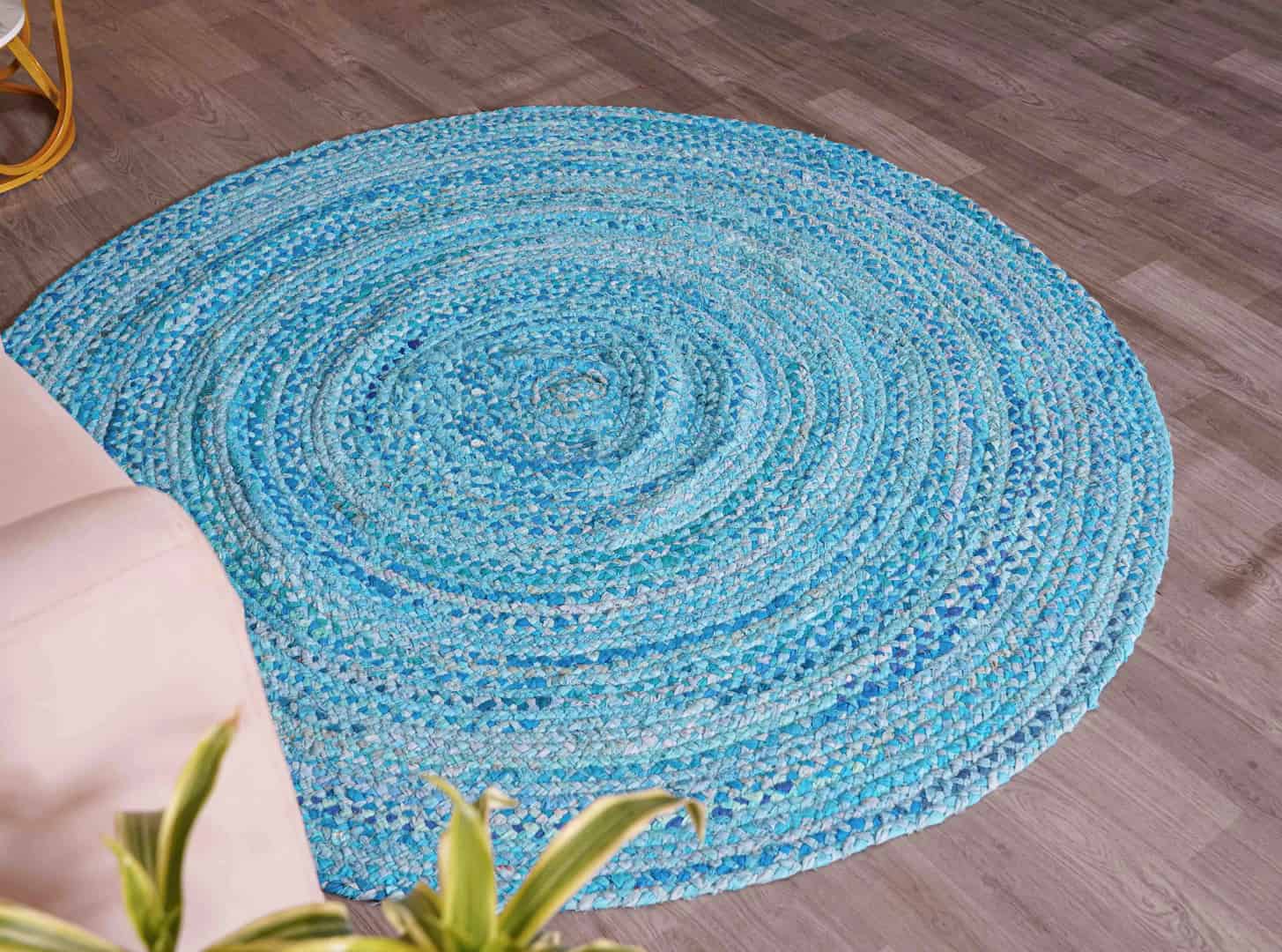 Light Blue Handwoven Cotton Round Rug - Image 4