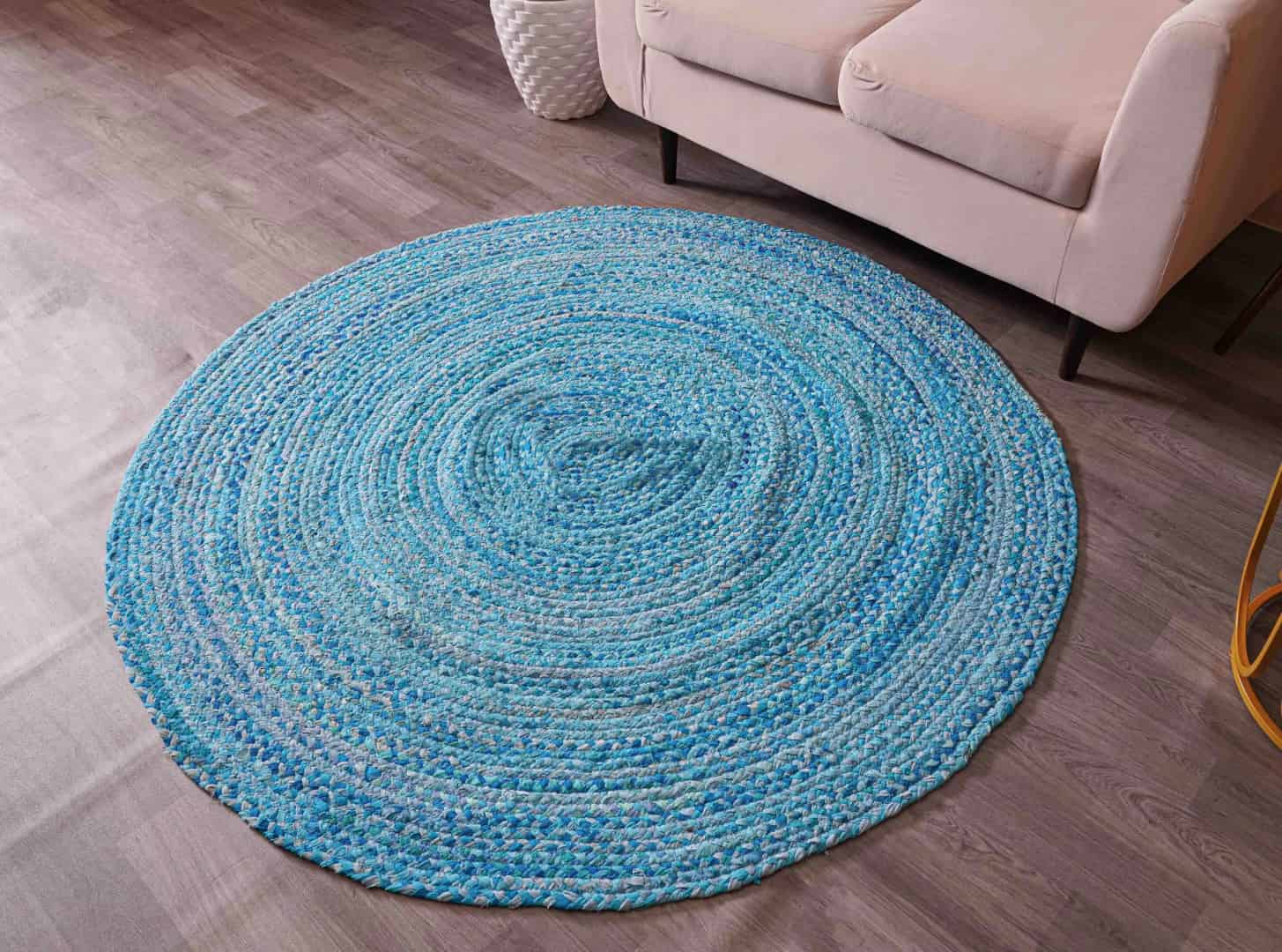 Light Blue Handwoven Cotton Round Rug - Image 3