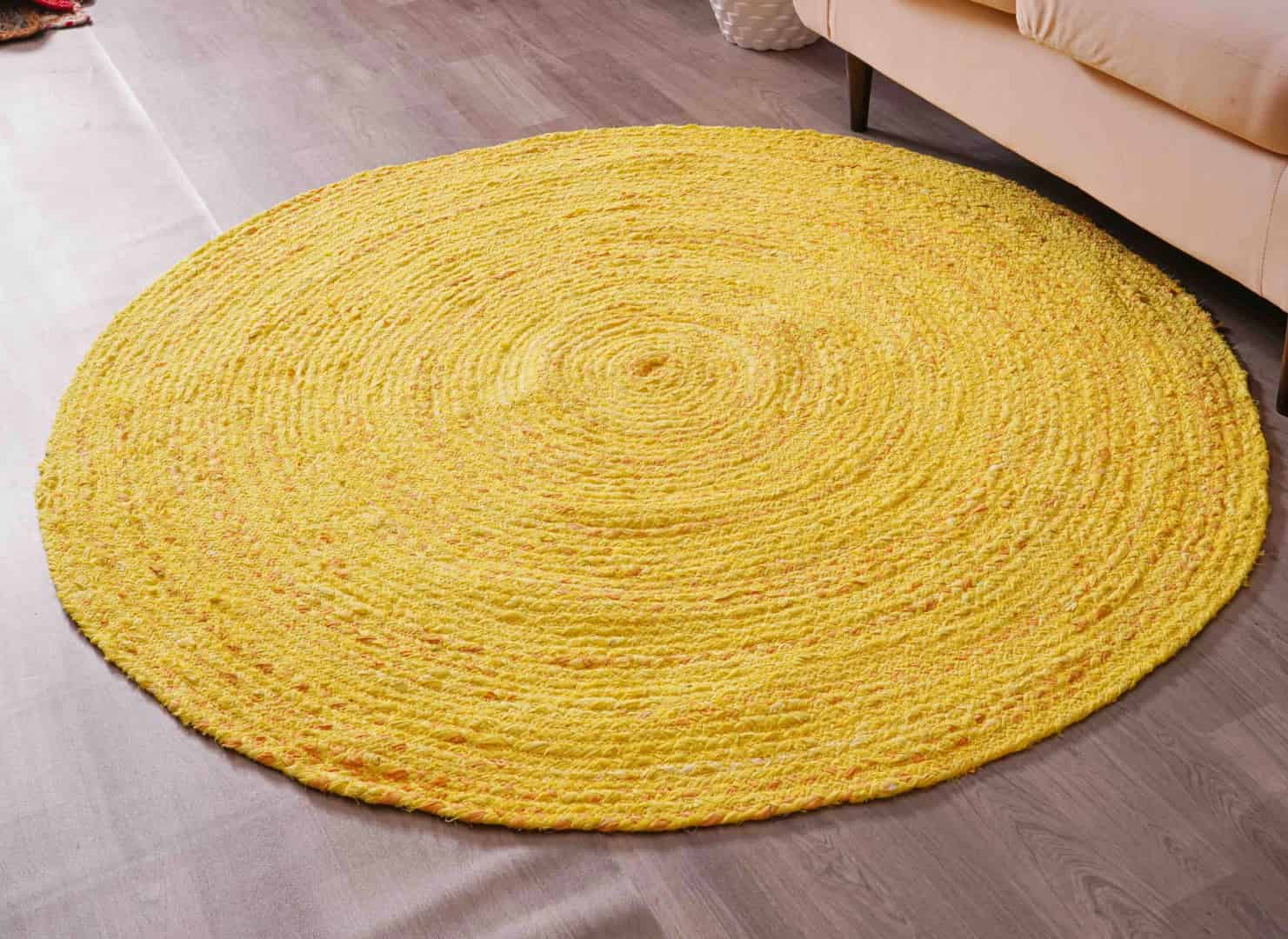 Indian Handwoven Yellow Cotton Round Chindi Rug - Image 2