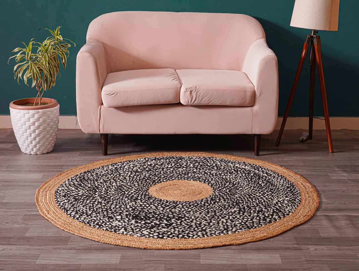 Indian Hand Braided Natural Jute Rug with Black and White Cotton Chindi Rug  - Image 3