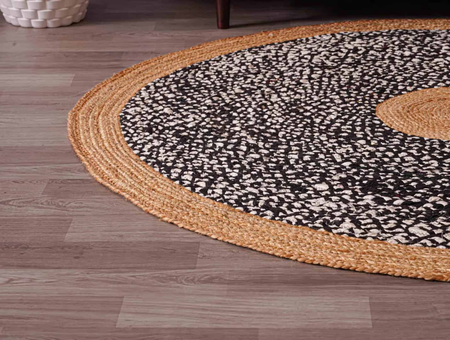 Indian Hand Braided Natural Jute Rug with Black and White Cotton Chindi Rug  - Image 4