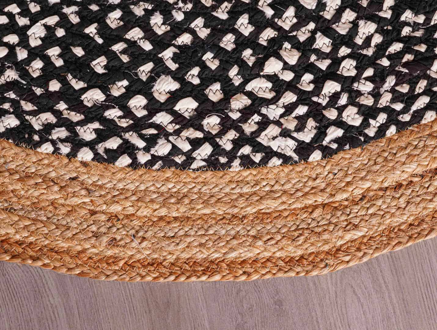 Indian Hand Braided Natural Jute Rug with Black and White Cotton Chindi Rug  - Image 8