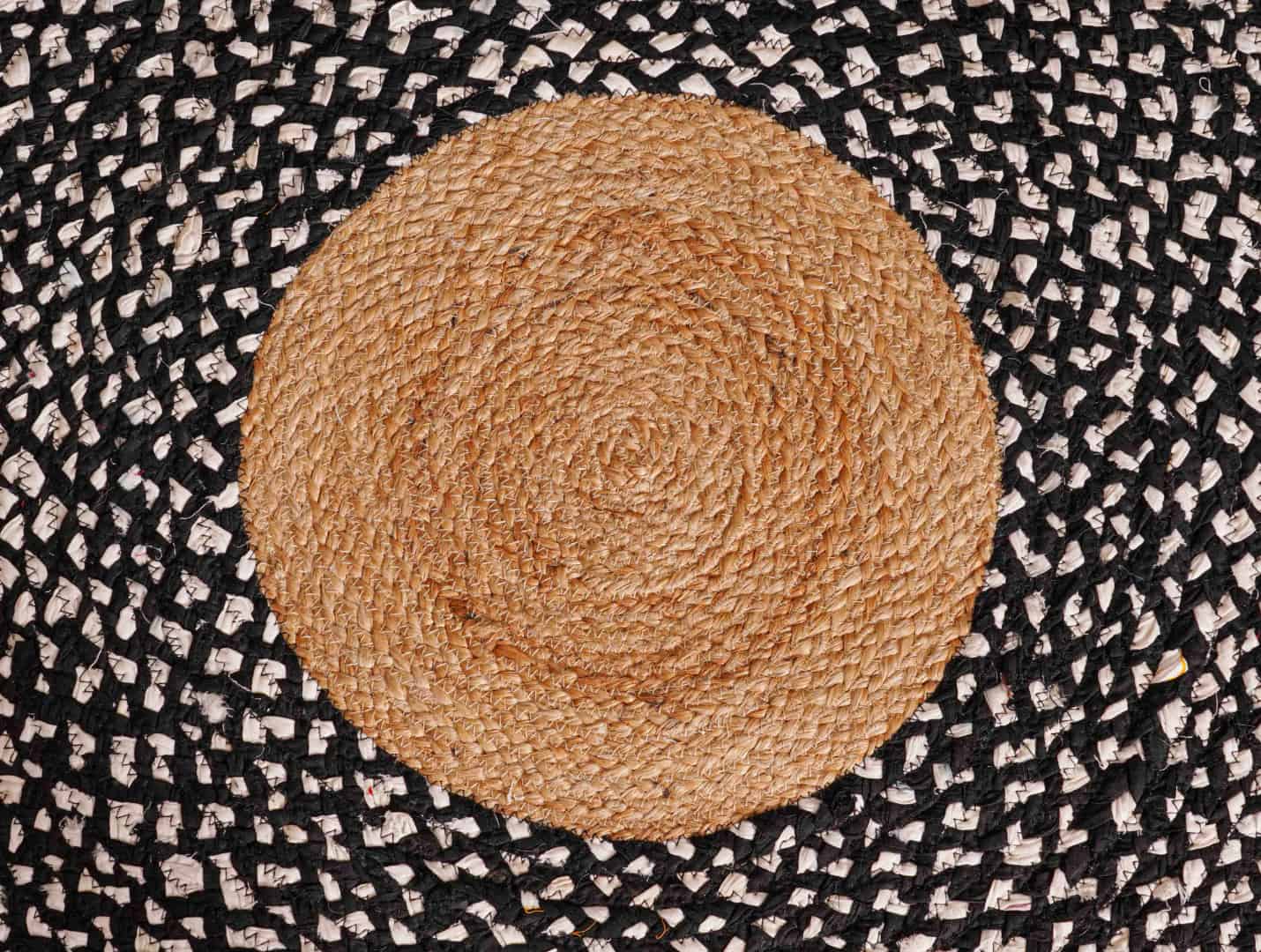Indian Hand Braided Natural Jute Rug with Black and White Cotton Chindi Rug  - Image 5