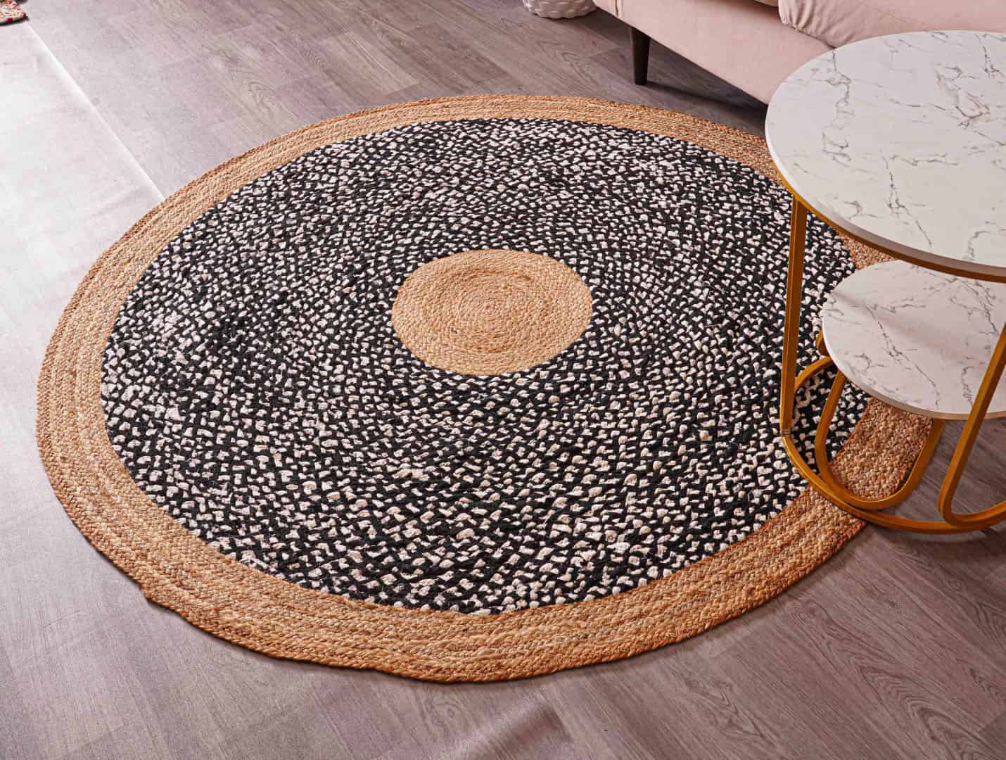 Indian Hand Braided Natural Jute Rug with Black and White Cotton Chindi Rug  - Image 2