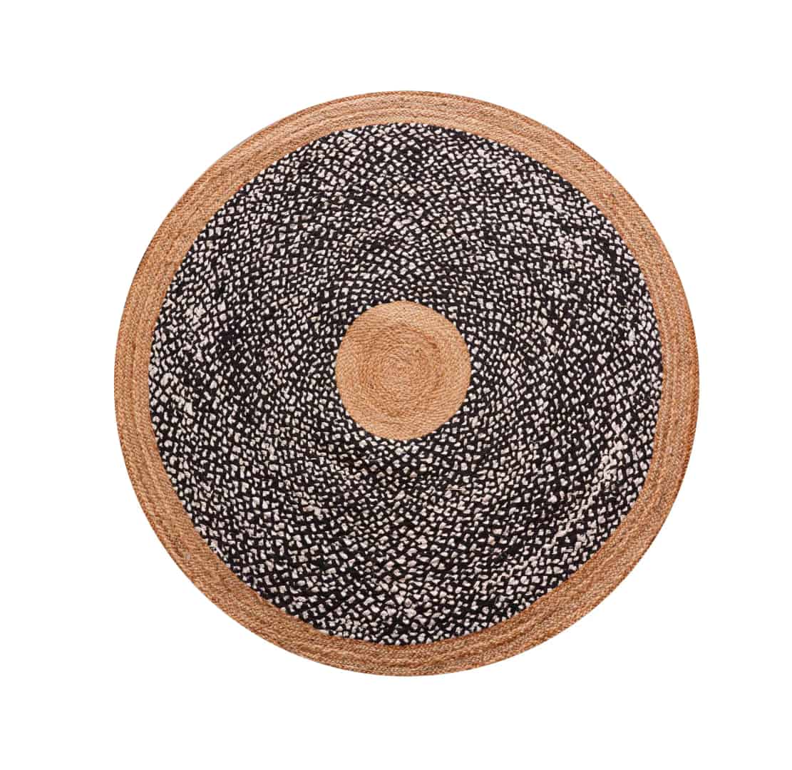 Indian Hand Braided Natural Jute Rug with Black and White Cotton Chindi Rug  - Image 1