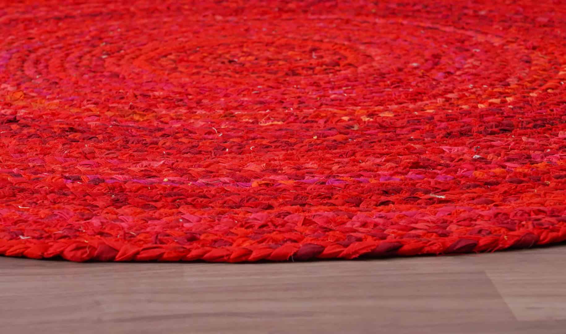 Handwoven Red Cotton Round Chindi Rug - Image 4